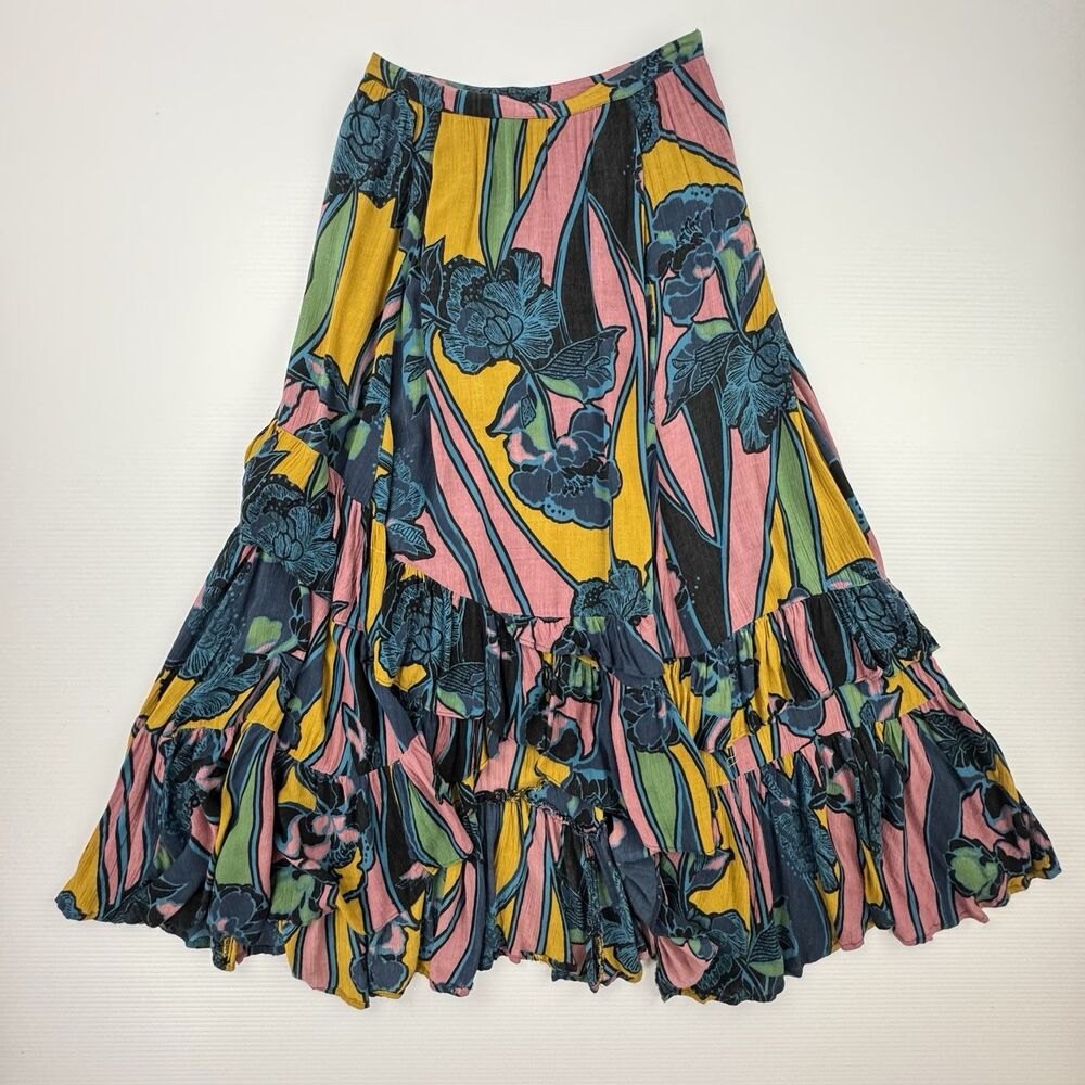 Free People Bring Back The Summer Maxi Skirt Floral High Low Ruffle Rayon - Picture 2 of 10